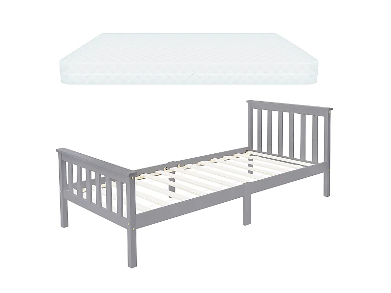 Cama infantil gris somier de madera con cabecero colchón espuma fría 90x200 cm