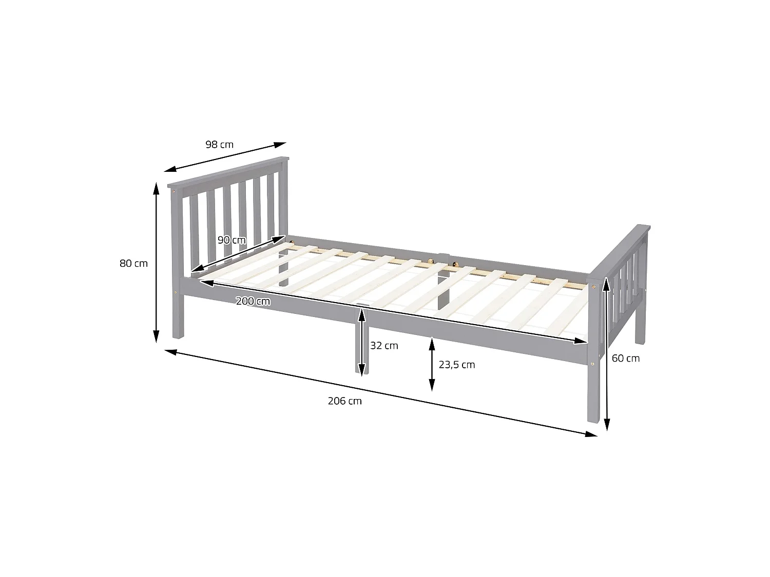 Lit d'enfants simple en bois de pin gris sommier à lattes + matelas 90x200 cm