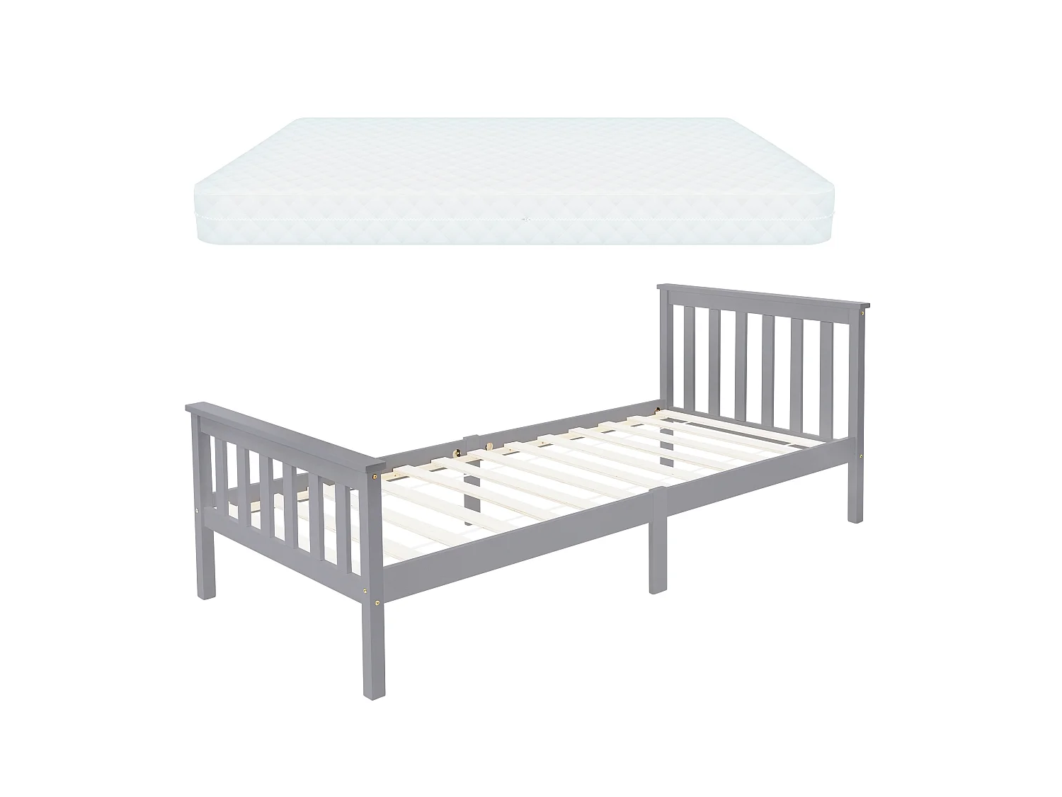 Lit d'enfants simple en bois de pin gris sommier à lattes + matelas 90x200 cm