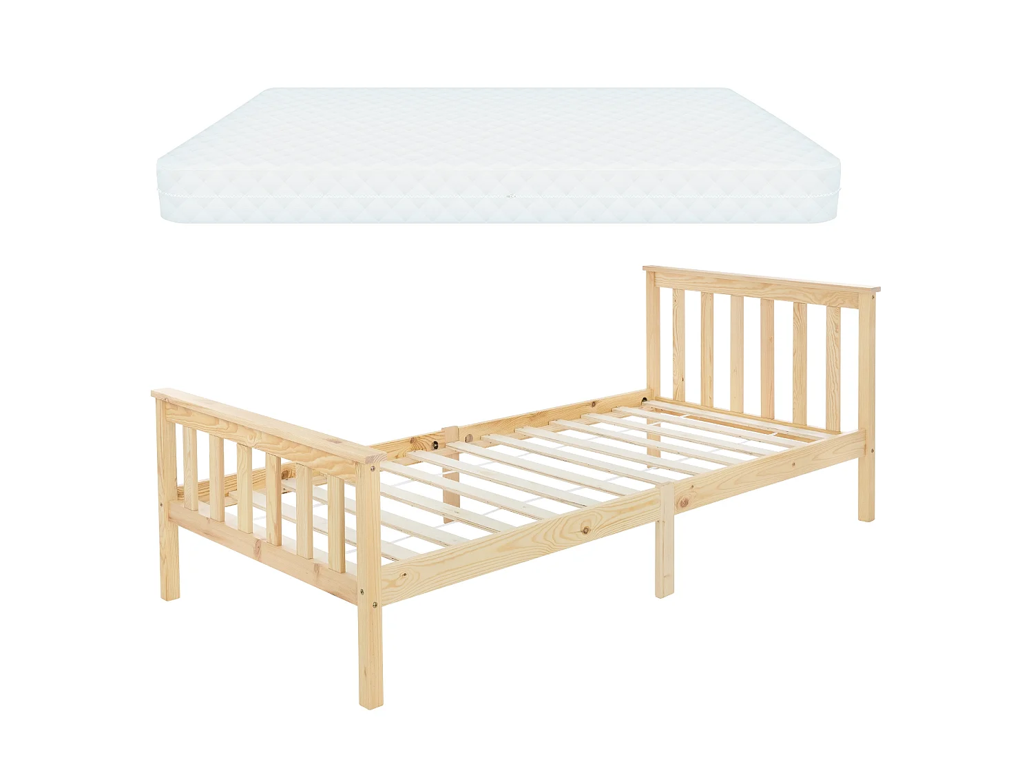 Lit d'enfants simple en bois de pin naturel sommier à lattes + matelas 90x200 cm