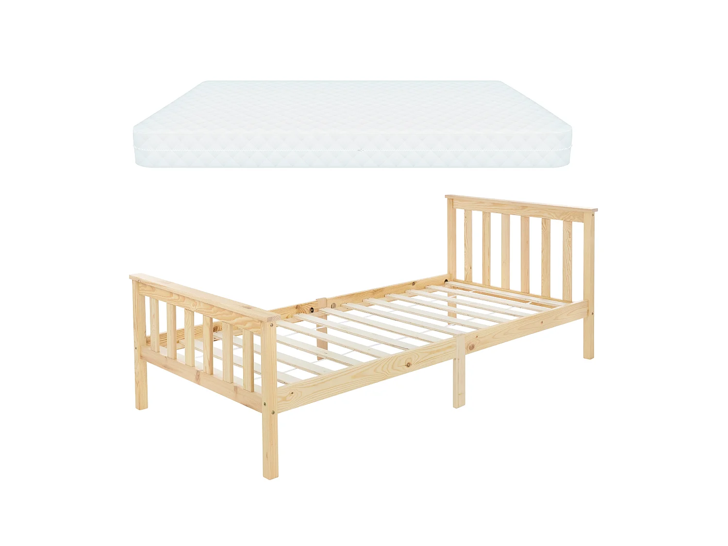 Lit d'enfants simple en bois de pin naturel sommier à lattes + matelas 90x200 cm