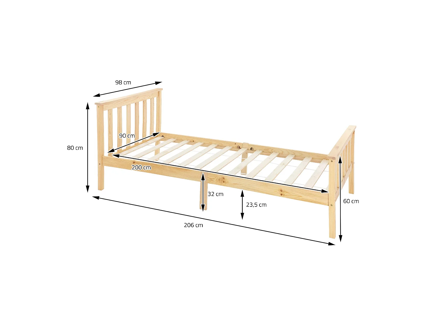 Lit d'enfants simple en bois de pin naturel sommier à lattes + matelas 90x200 cm
