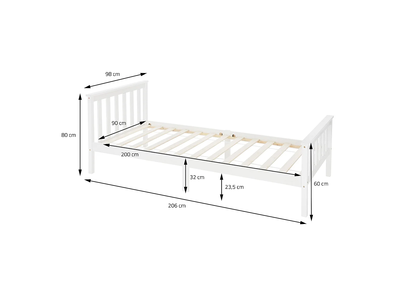 Lit d'enfants simple en bois de pin blanc sommier à lattes + matelas 90x200 cm