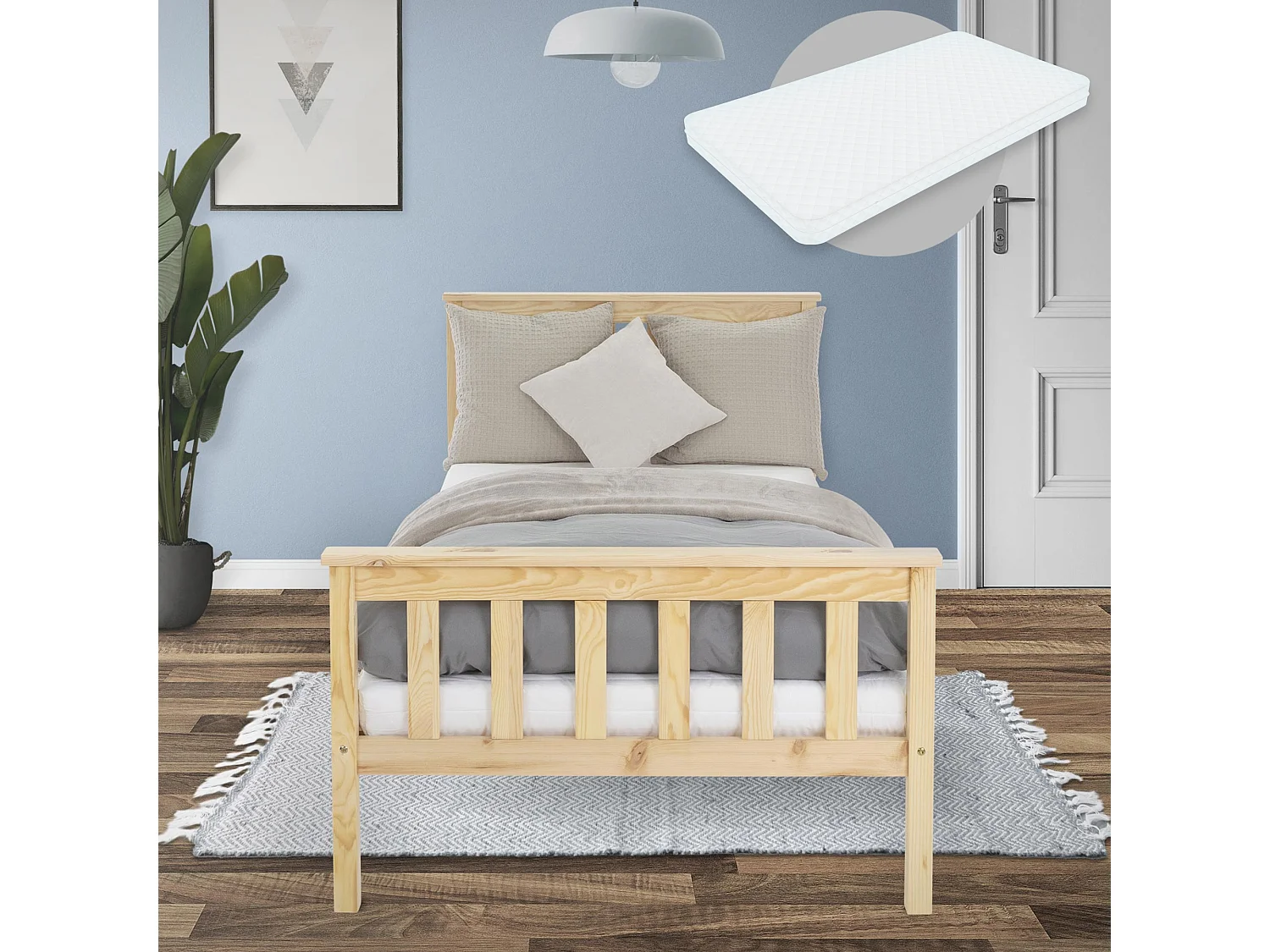 Letto classico singolo per ragazzi legno pino con rete a doghe materasso 90x200