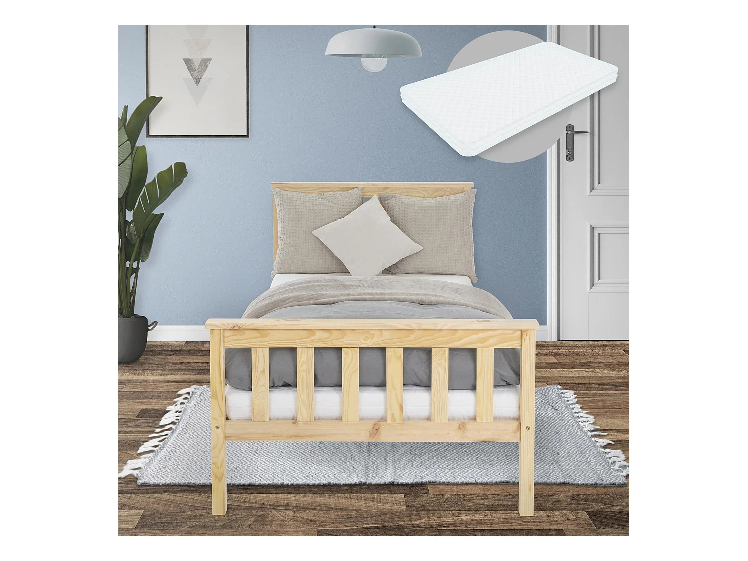 Lit d'enfants simple en bois de pin naturel sommier à lattes + matelas 90x200 cm