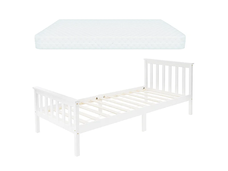 Lit d'enfants simple en bois de pin blanc sommier à lattes + matelas 90x200 cm