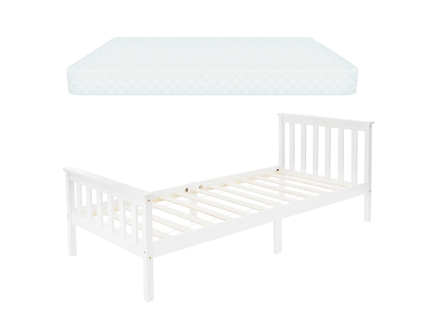 Lit d'enfants simple en bois de pin blanc sommier à lattes + matelas 90x200 cm