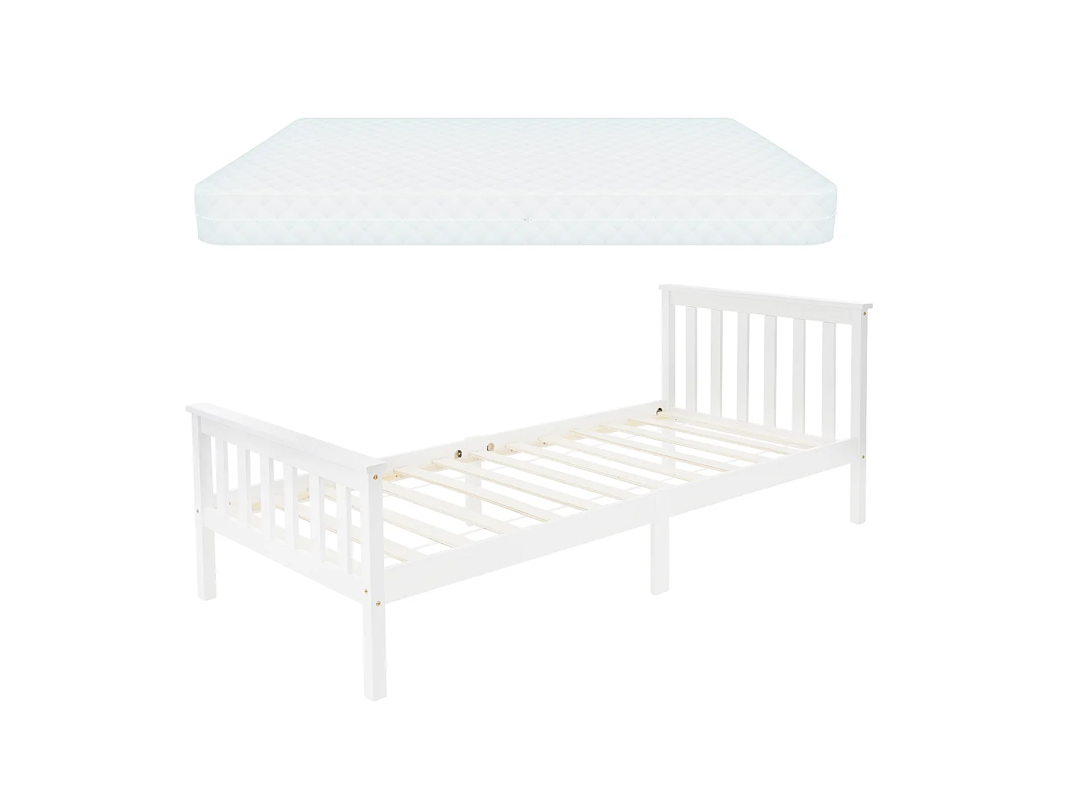 Lit d'enfants simple en bois de pin blanc sommier à lattes + matelas 90x200 cm