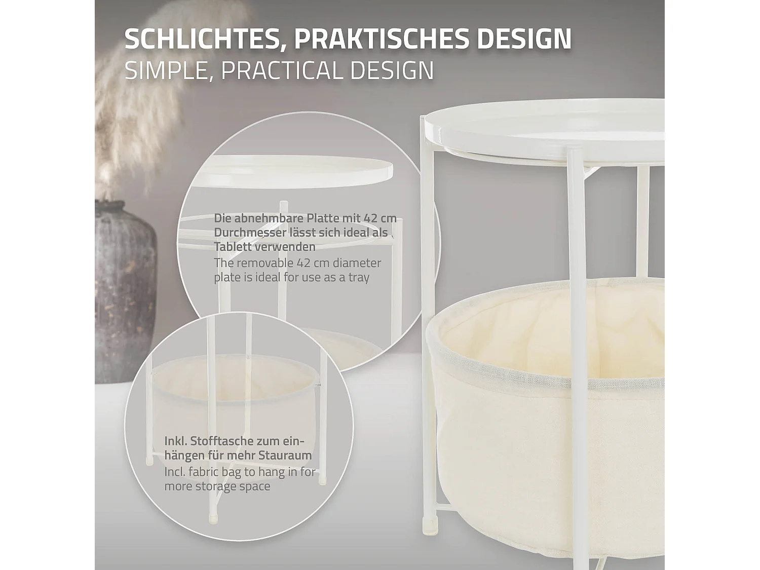 Mesa auxiliar con cesta de almacenaje blanca mesita de centro de noche para sofá