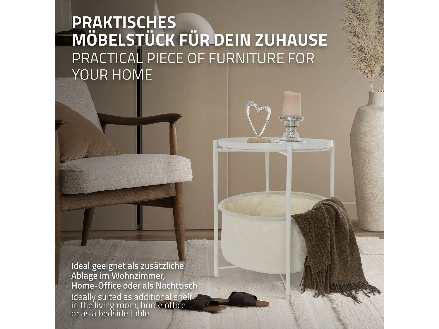 Mesa auxiliar con cesta de almacenaje blanca mesita de centro de noche para sofá