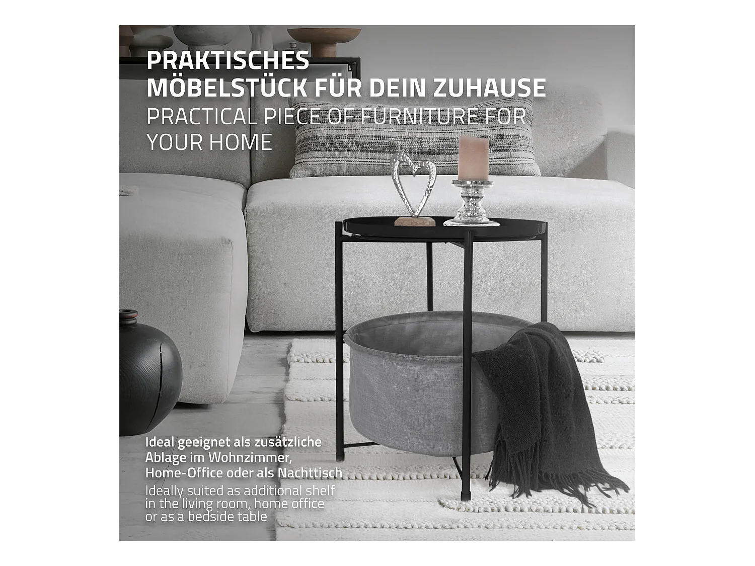 Tavolino da caffè salotto con cesto portaoggetti in tessuto nero 45,5x52,5 cm