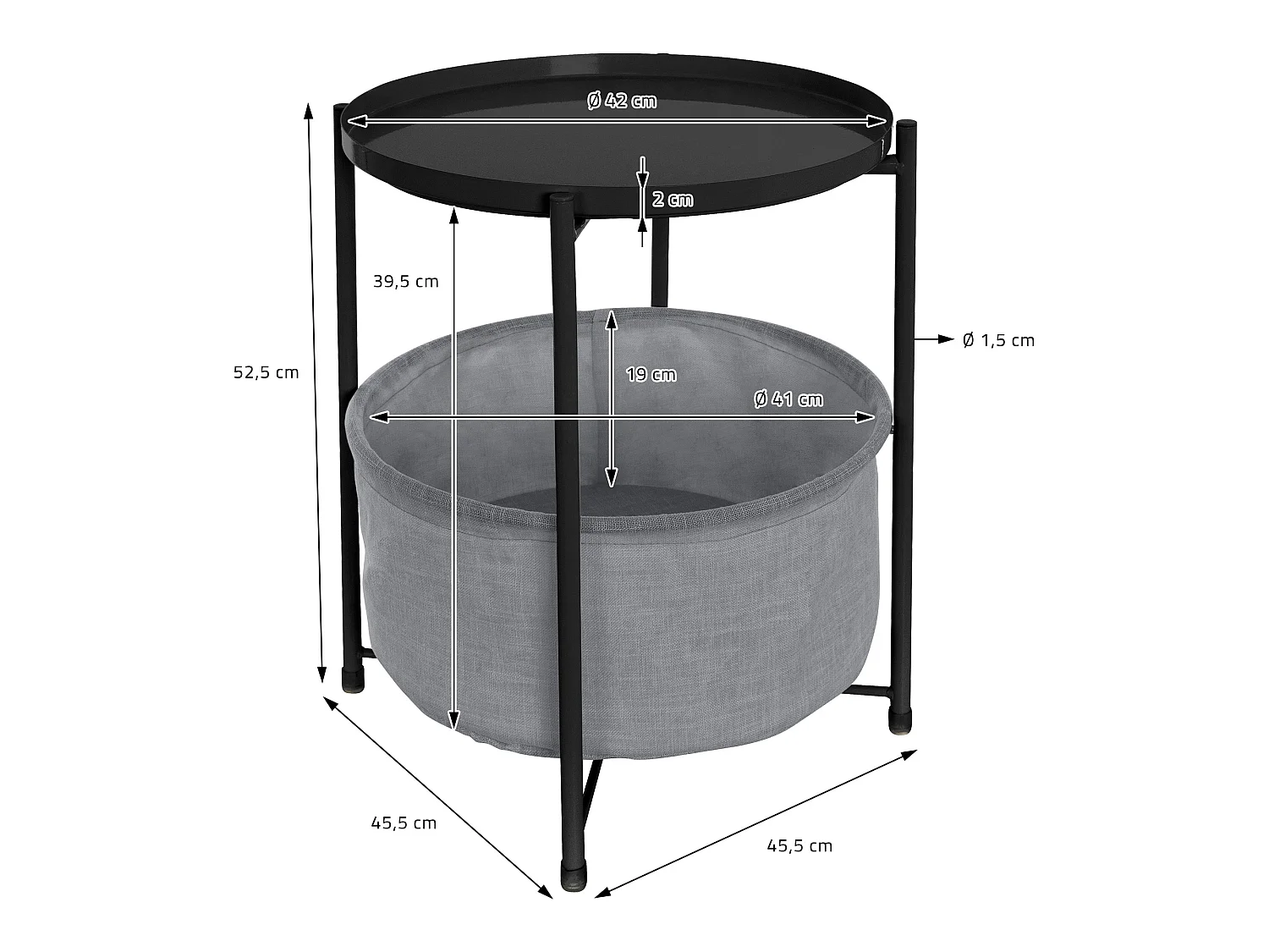 Tavolino da caffè salotto con cesto portaoggetti in tessuto nero 45,5x52,5 cm