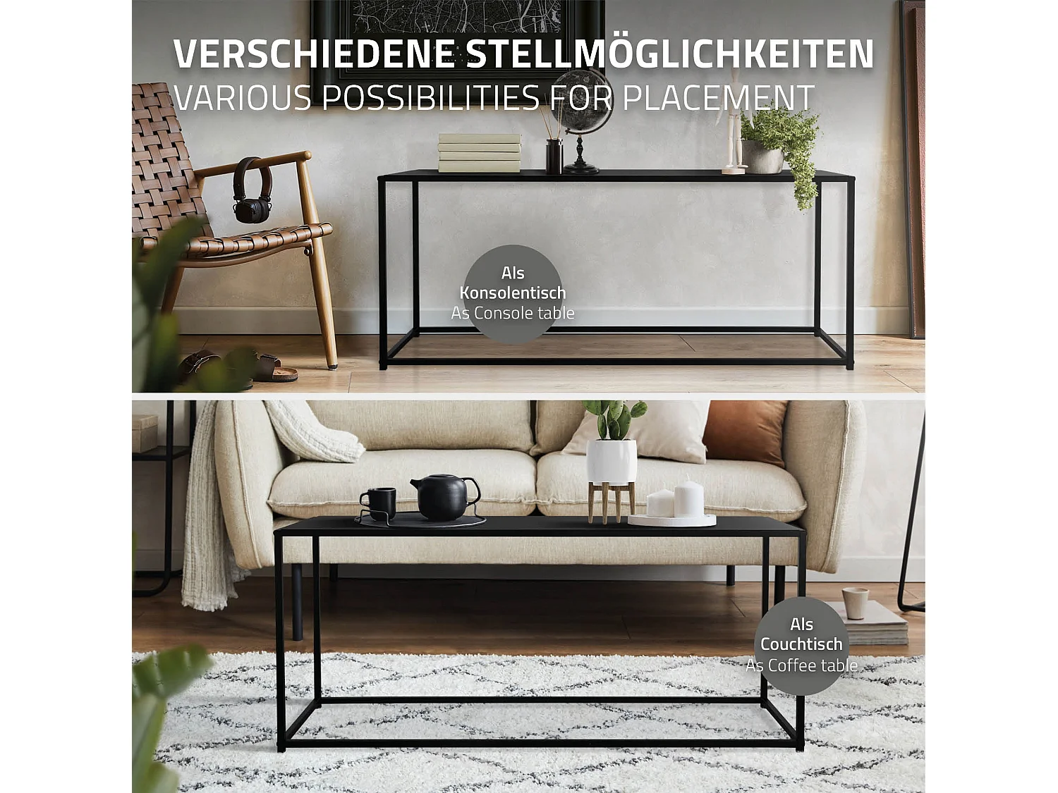 Mesa de centro salón negra rectangular mesita auxiliar consola sofá 15x32x50,5cm