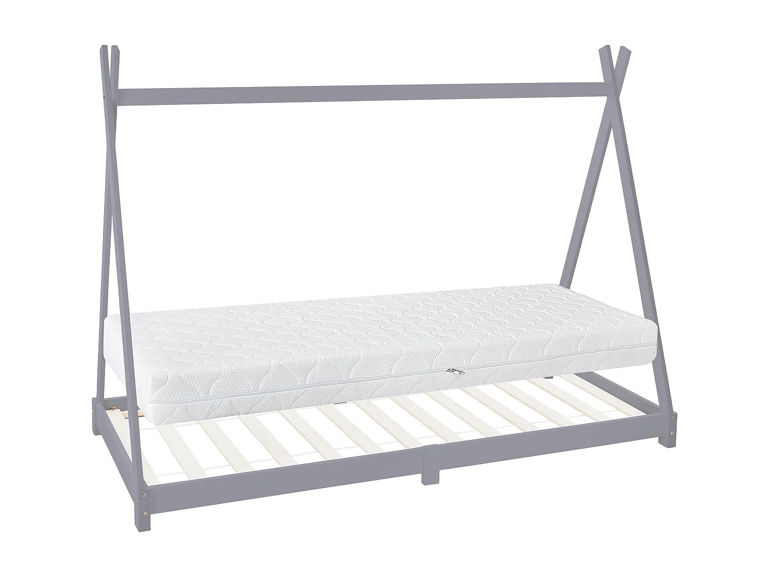 Lit d'enfant Tipi 90x200 cm gris clair style indien bois de pin massif avec matelas H:16cm housse amovible sommier à lattes d'intérieur filles garçons