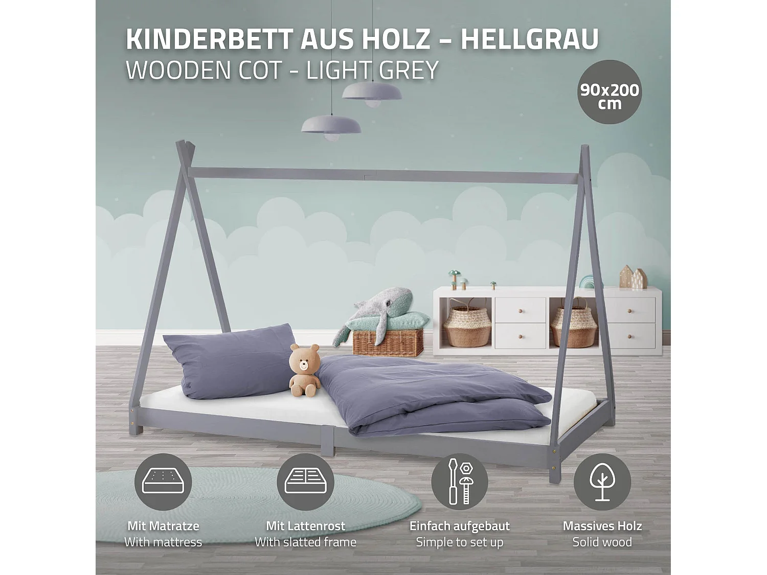 Lit d'enfant Tipi 90x200 cm gris clair style indien bois de pin massif avec matelas H:16cm housse amovible sommier à lattes d'intérieur filles garçons