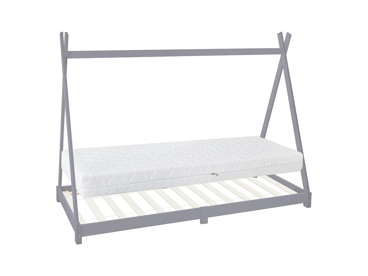 Lit d'enfant Tipi 90x200 cm gris clair style indien bois de pin massif avec matelas H:16cm housse amovible sommier à lattes d'intérieur filles garçons
