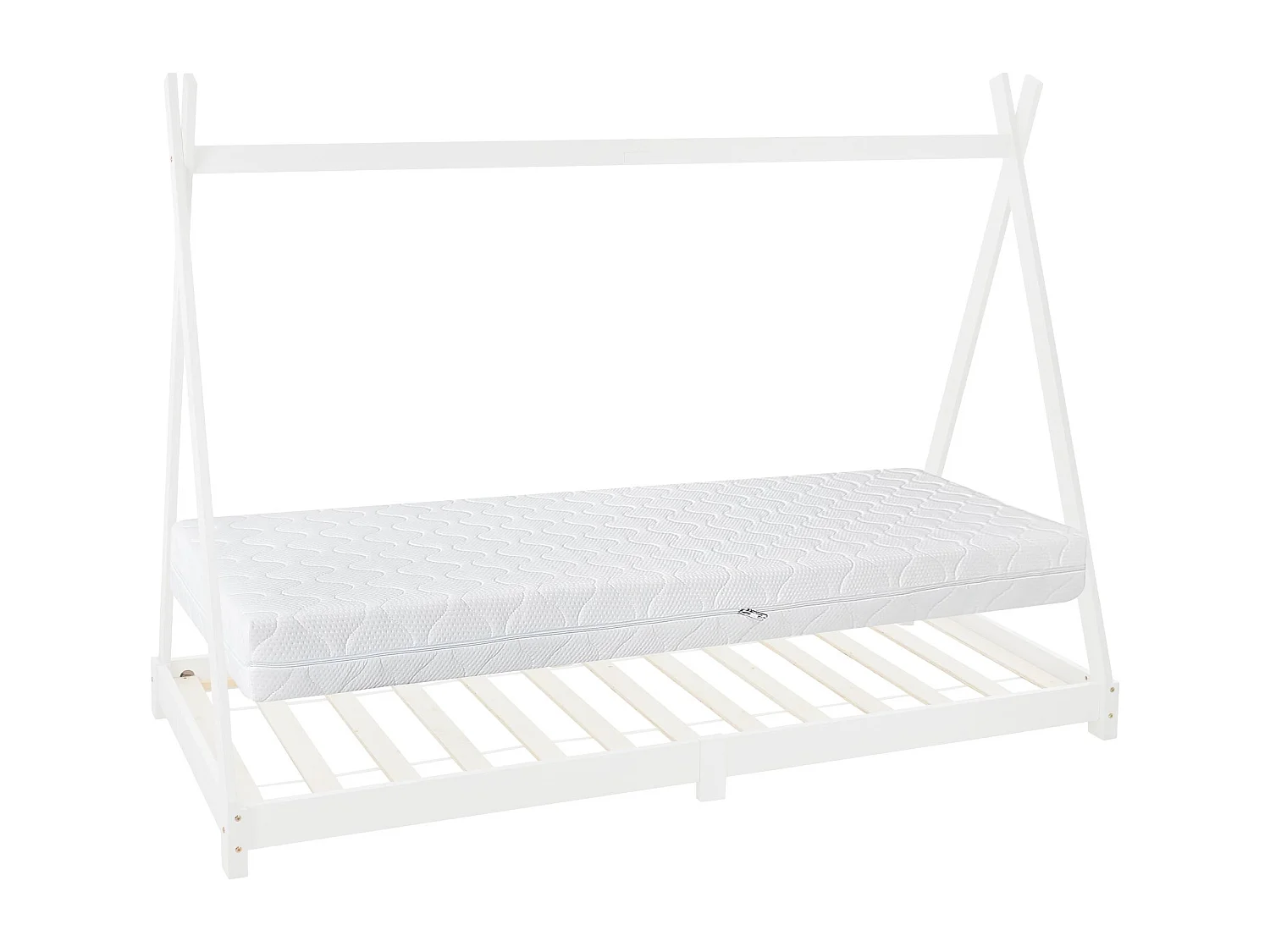 Lit d'enfants Tipi 90x200 cm blanc style indien en bois de pin massif avec matelas H:16 cm housse amovible sommier à lattes d'intérieur filles garçons