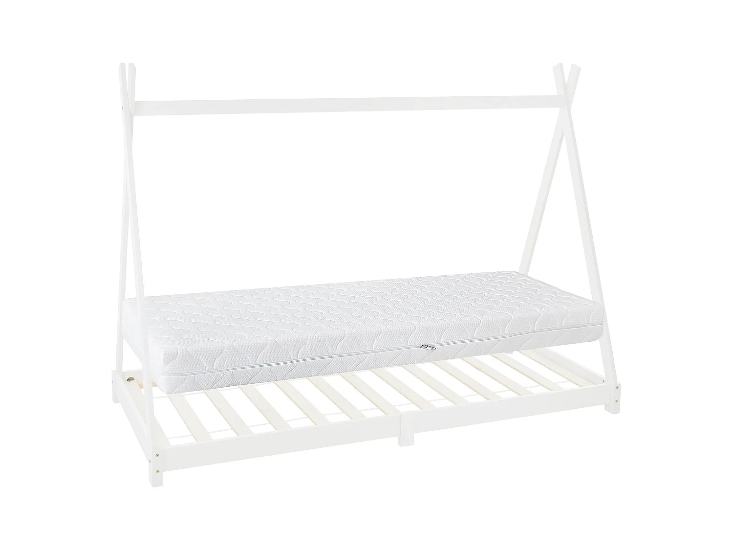 Lit d'enfants Tipi 90x200 cm blanc style indien en bois de pin massif avec matelas H:16 cm housse amovible sommier à lattes d'intérieur filles garçons