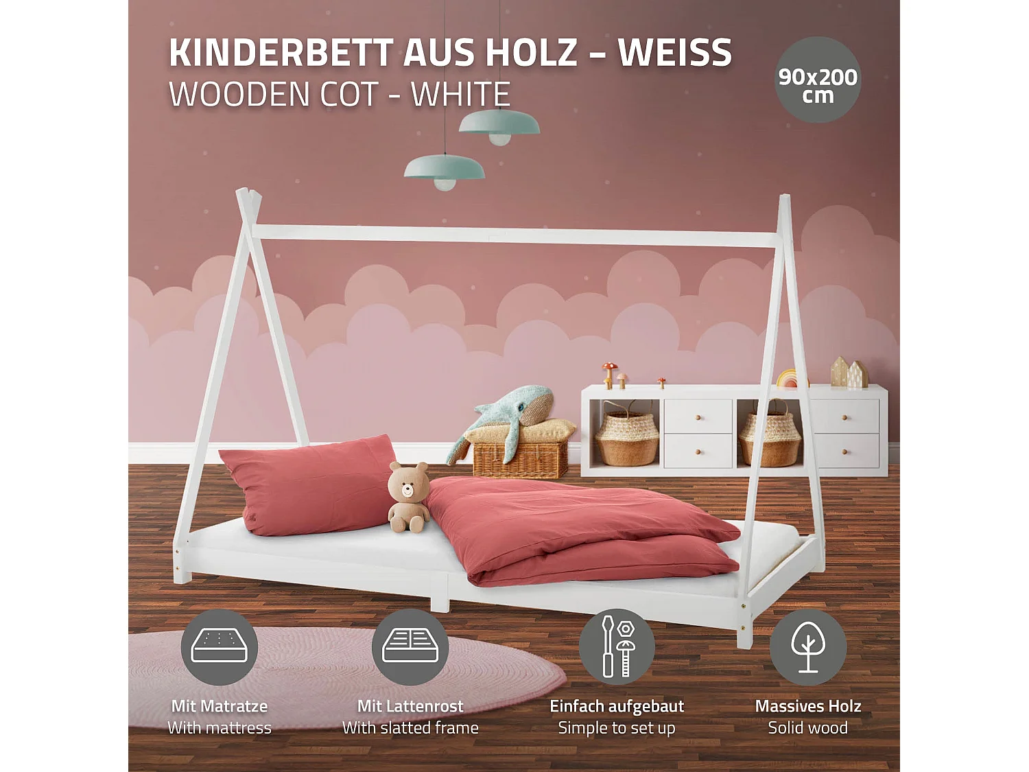 Lit d'enfants Tipi 90x200 cm blanc style indien en bois de pin massif avec matelas H:16 cm housse amovible sommier à lattes d'intérieur filles garçons