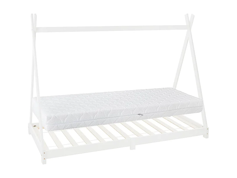 Lit d'enfants Tipi 90x200 cm blanc style indien en bois de pin massif avec matelas H:16 cm housse amovible sommier à lattes d'intérieur filles garçons