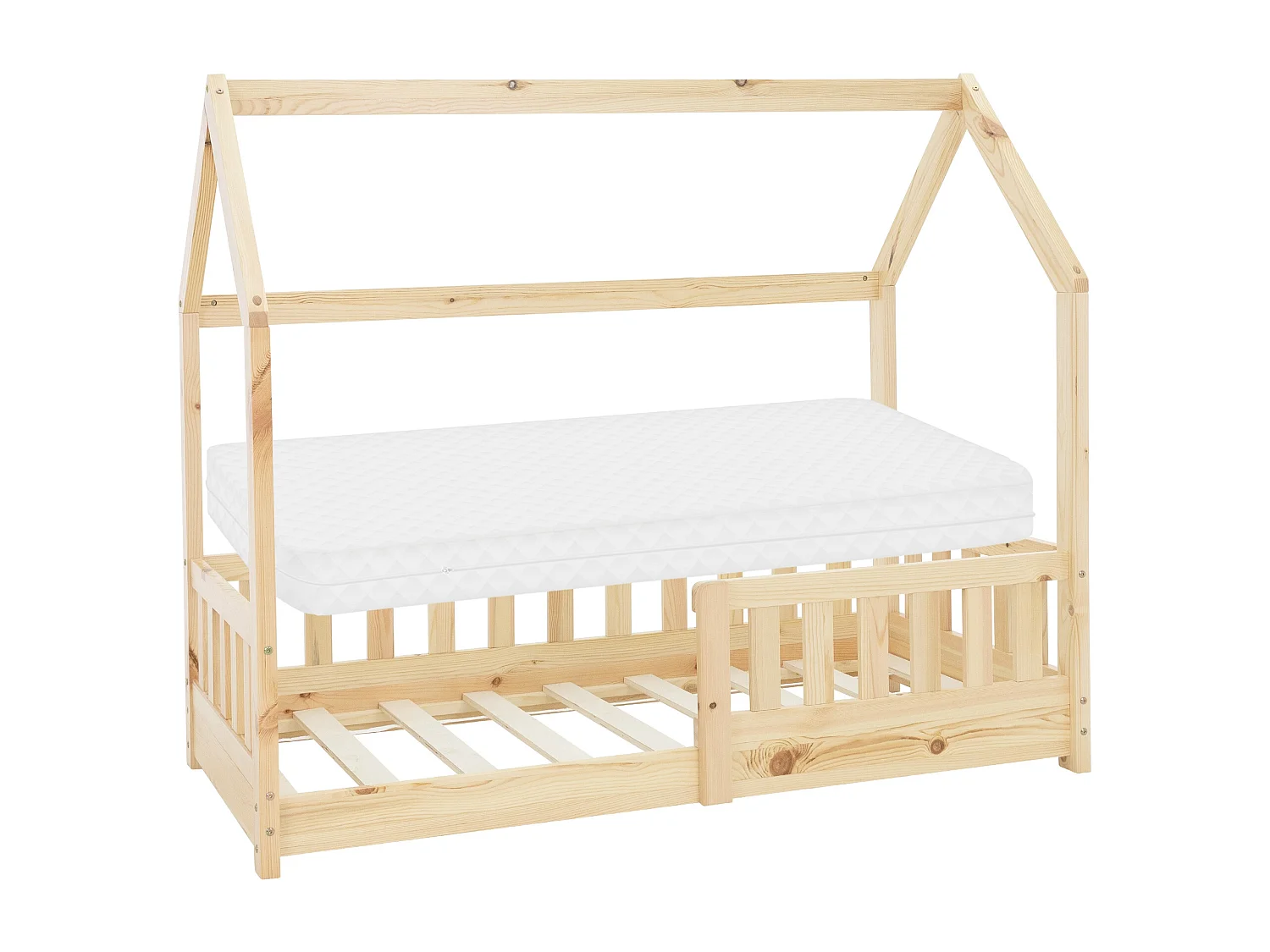 ML-Design Cama infantil casa 70 x 140 cm color natural con colchón de espuma fría y somier estructura de listones con techo forma de casa