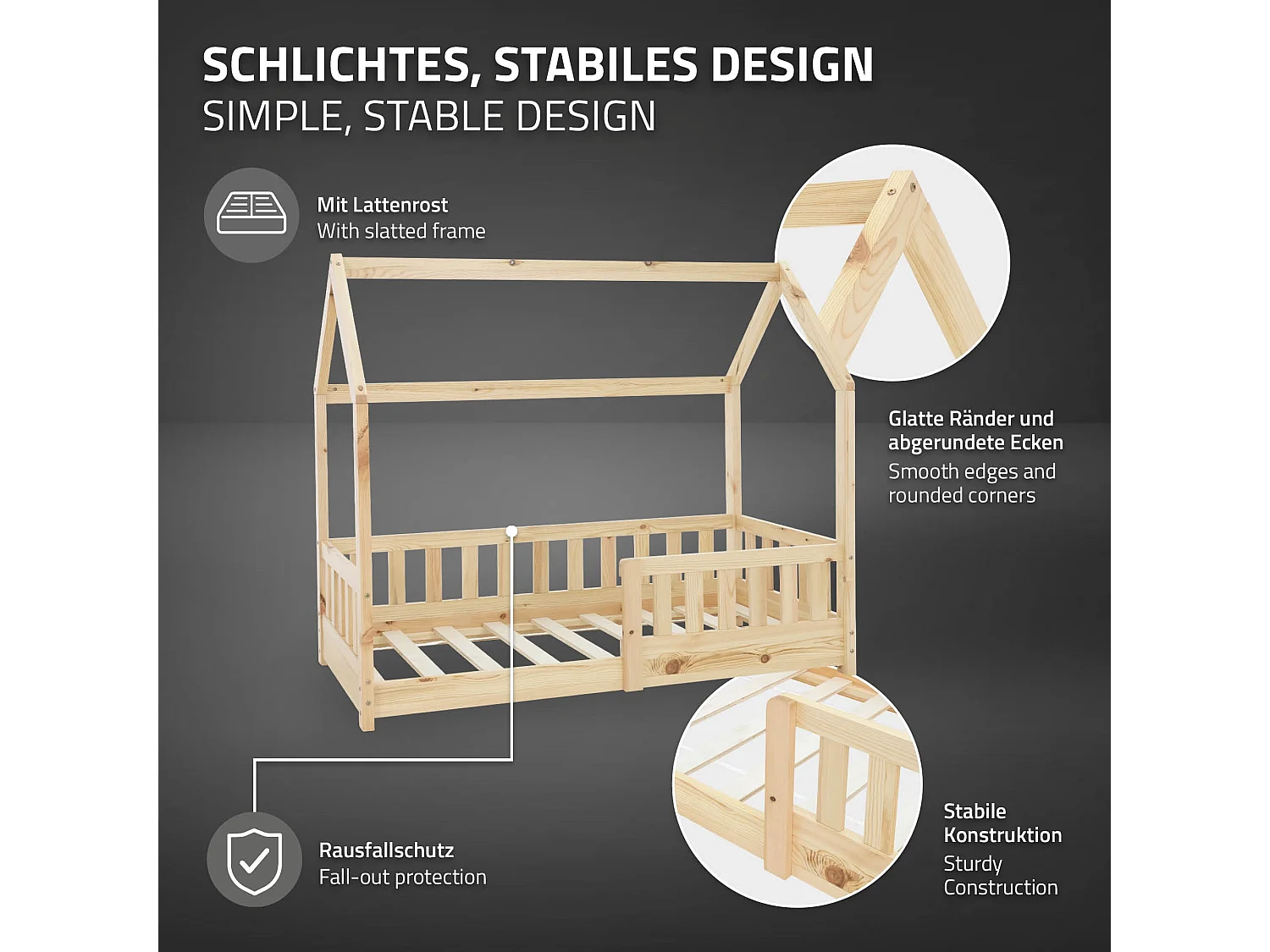 ML-Design Cama infantil casa 70 x 140 cm color natural con colchón de espuma fría y somier estructura de listones con techo forma de casa