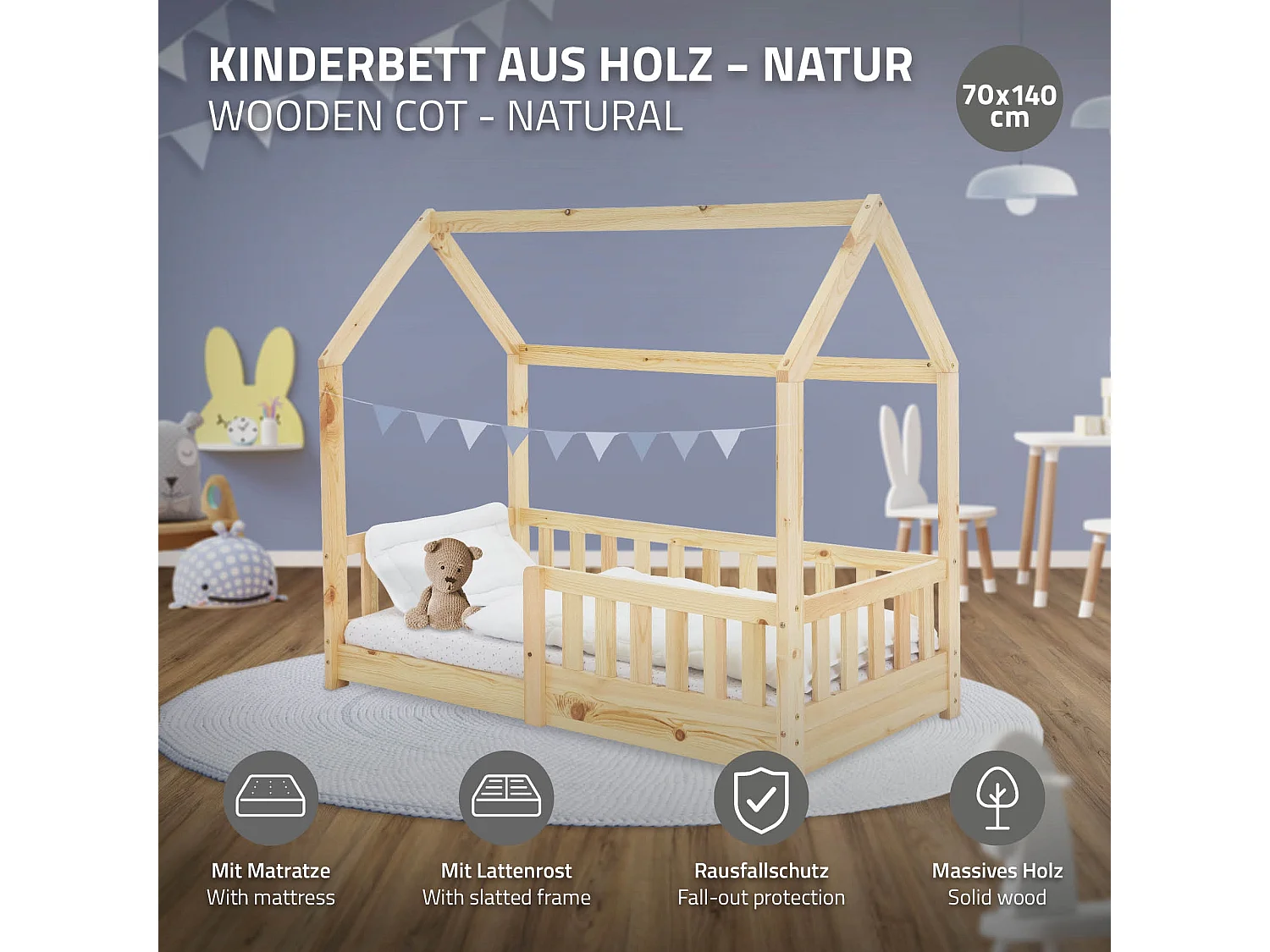 Lit d'enfants 70x140 cm naturel forme de maison en bois de pin massif avec matelas housse amovible sommier à lattes anti-chute pour filles garçons