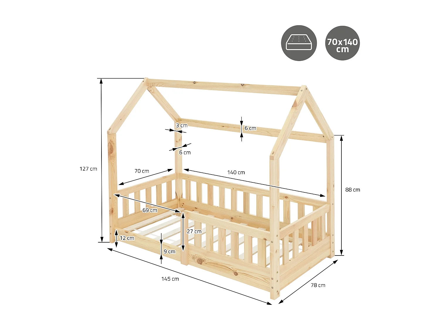 Lit d'enfants 70x140 cm naturel forme de maison en bois de pin massif avec matelas housse amovible sommier à lattes anti-chute pour filles garçons