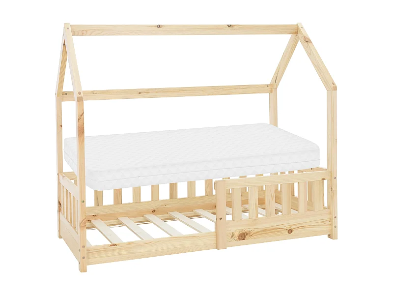 Lit d'enfants 70x140 cm naturel forme de maison en bois de pin massif avec matelas housse amovible sommier à lattes anti-chute pour filles garçons