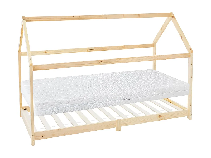 Lit d'enfants 90x200 cm naturel style maison en bois de pin massif avec matelas H:16cm housse amovible sommier et toit d'intérieur pour filles garçons