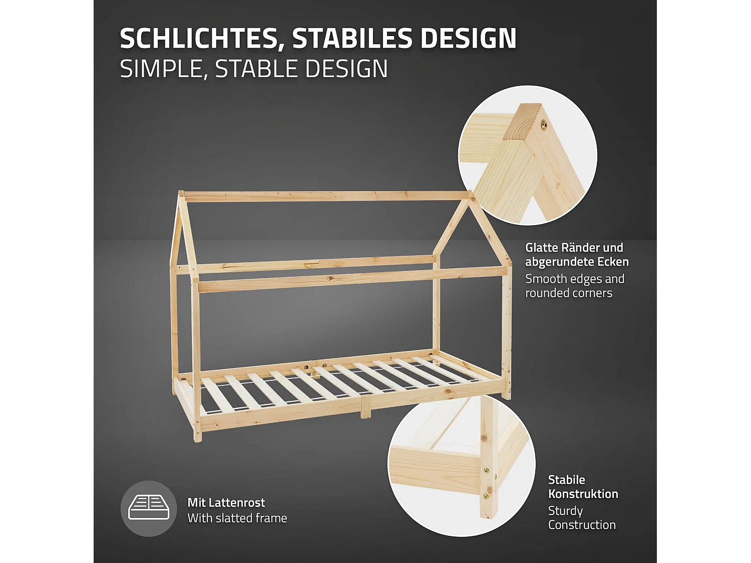 Lit d'enfants 90x200 cm naturel style maison en bois de pin massif avec matelas H:16cm housse amovible sommier et toit d'intérieur pour filles garçons