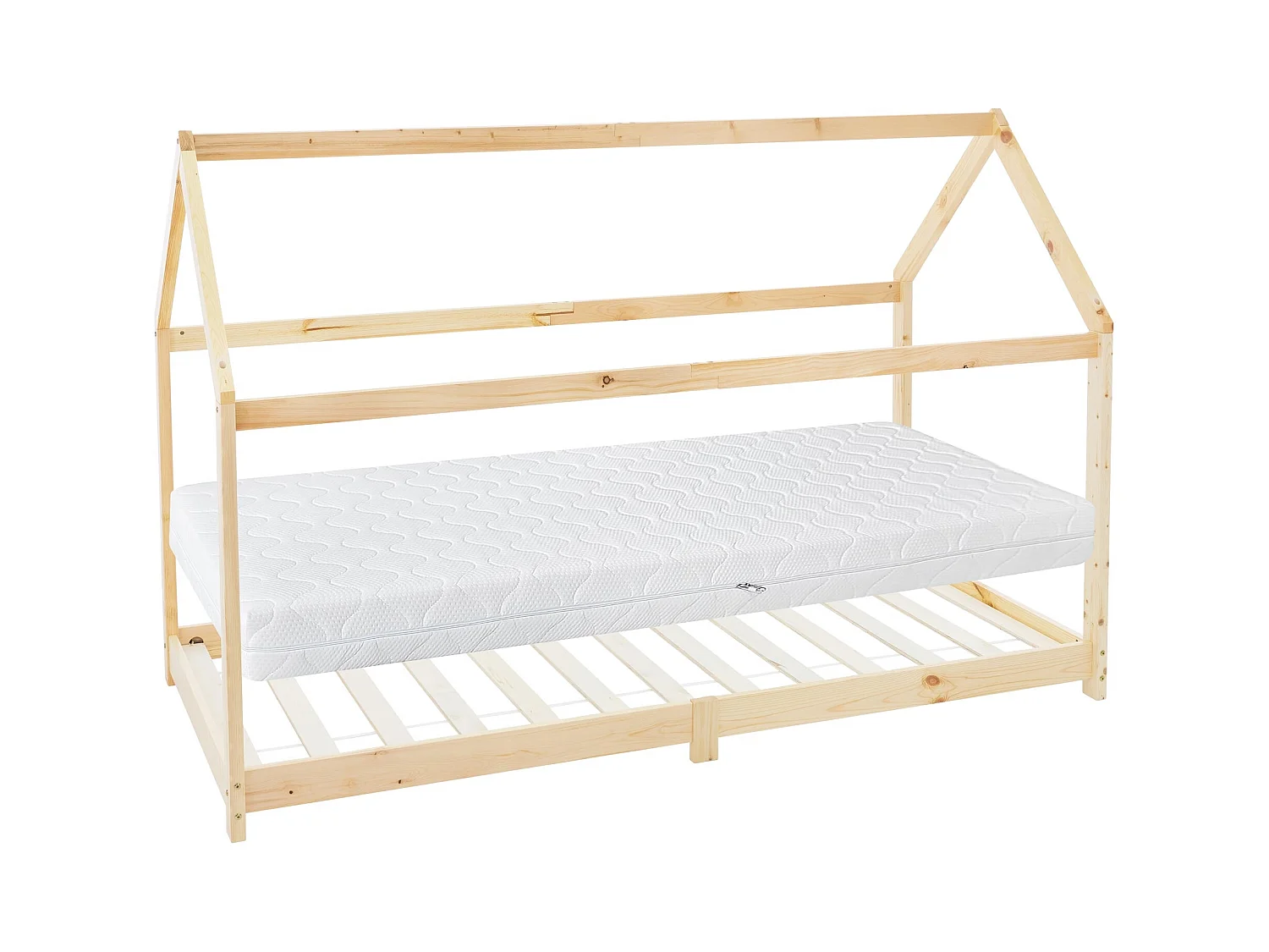 Lit d'enfants 90x200 cm naturel style maison en bois de pin massif avec matelas H:16cm housse amovible sommier et toit d'intérieur pour filles garçons