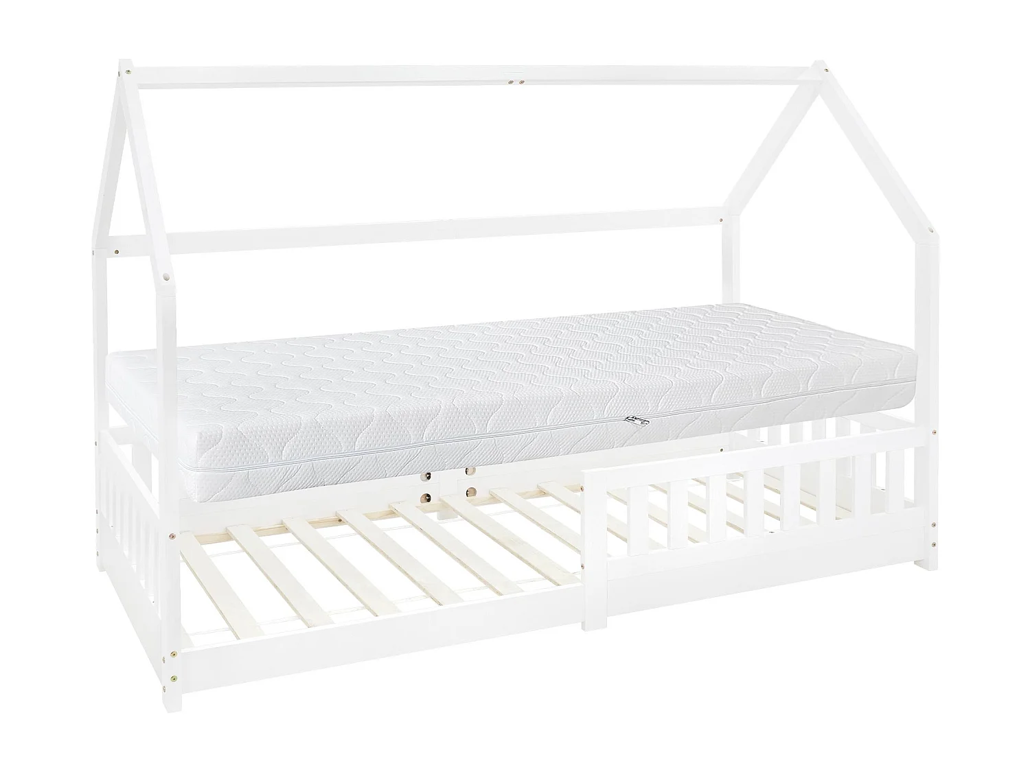 Lit d'enfants 90x200 cm blanc style maison en bois de pin massif avec matelas H:16cm housse amovible sommier protection anti-chute pour filles garçons