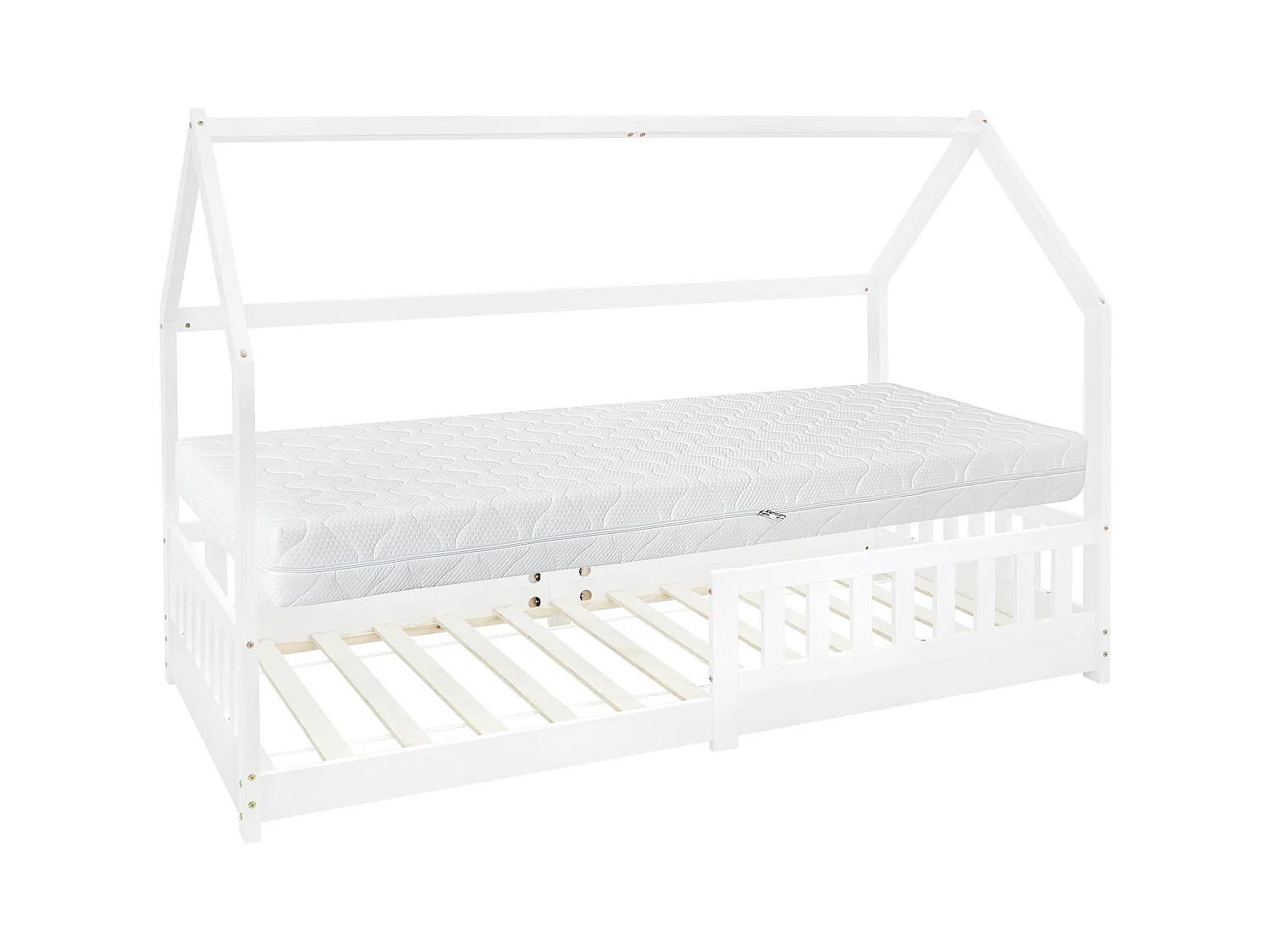 Lit d'enfants 90x200 cm blanc style maison en bois de pin massif avec matelas H:16cm housse amovible sommier protection anti-chute pour filles garçons