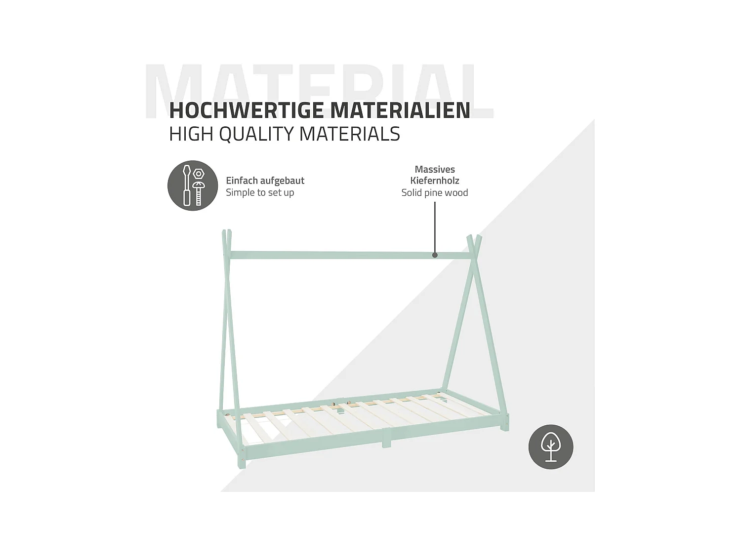 Lit d'enfant Tipi 90x200cm vert menthe style indien bois de pin massif avec matelas H:16cm housse amovible sommier à lattes d'intérieur filles garçons