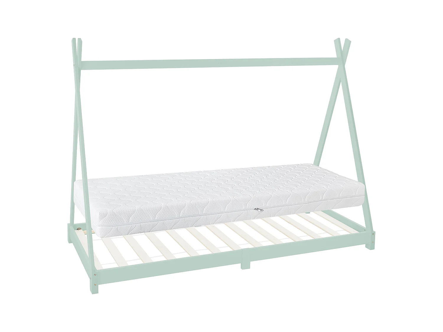 Lit d'enfant Tipi 90x200cm vert menthe style indien bois de pin massif avec matelas H:16cm housse amovible sommier à lattes d'intérieur filles garçons