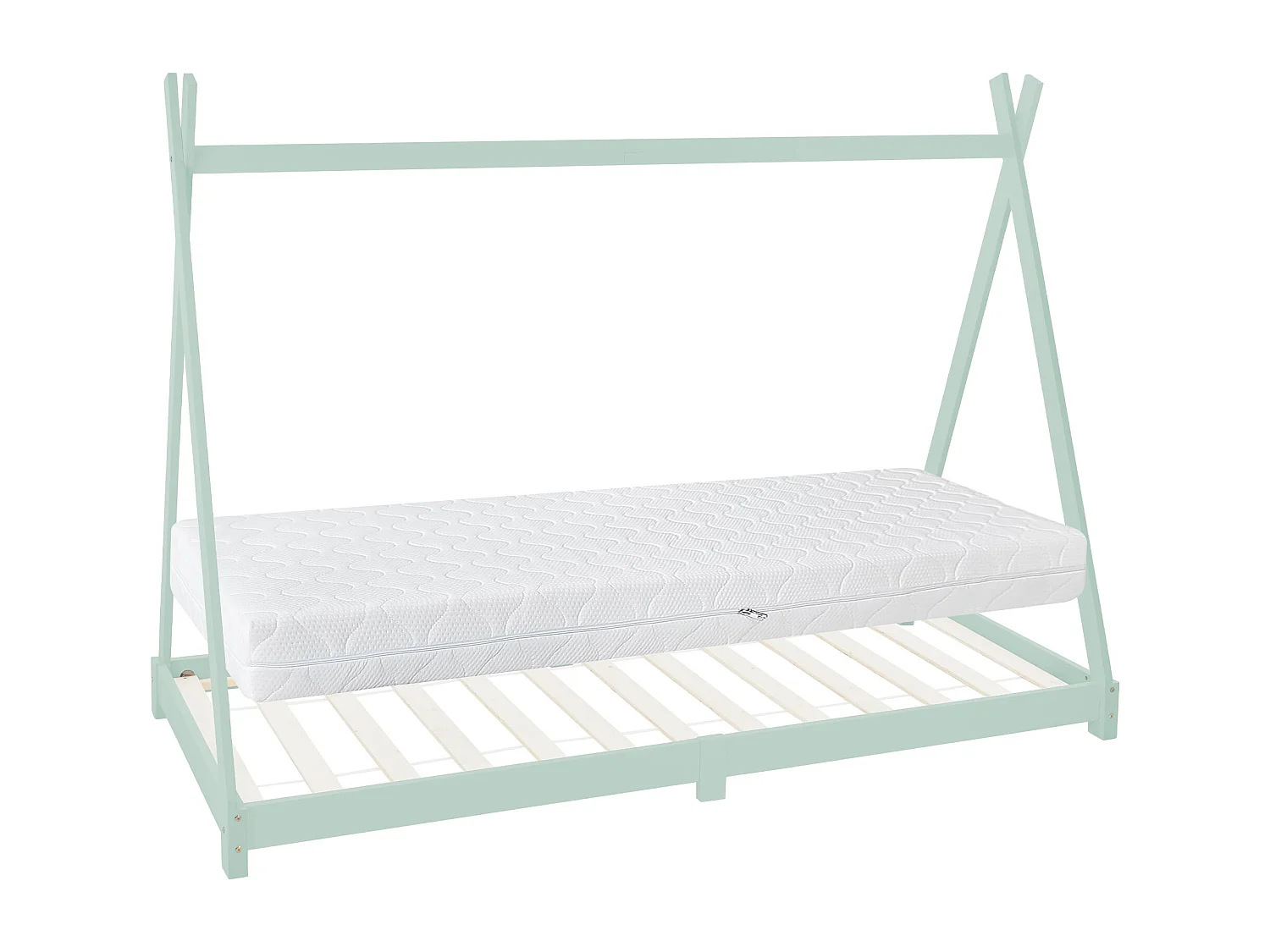 Lit d'enfant Tipi 90x200cm vert menthe style indien bois de pin massif avec matelas H:16cm housse amovible sommier à lattes d'intérieur filles garçons
