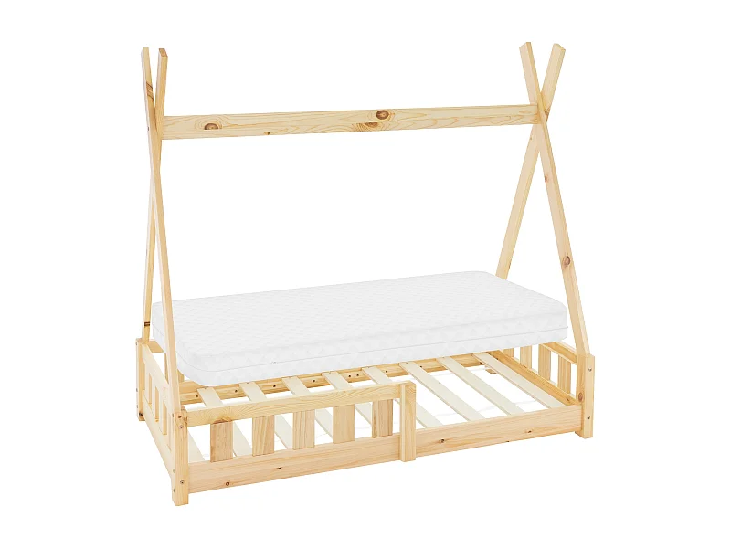 ML-Design Letto per bambini a forma di tenda 70x140 cm in pino massiccio naturale con sponde, stile montessori e materasso in schiuma fredda