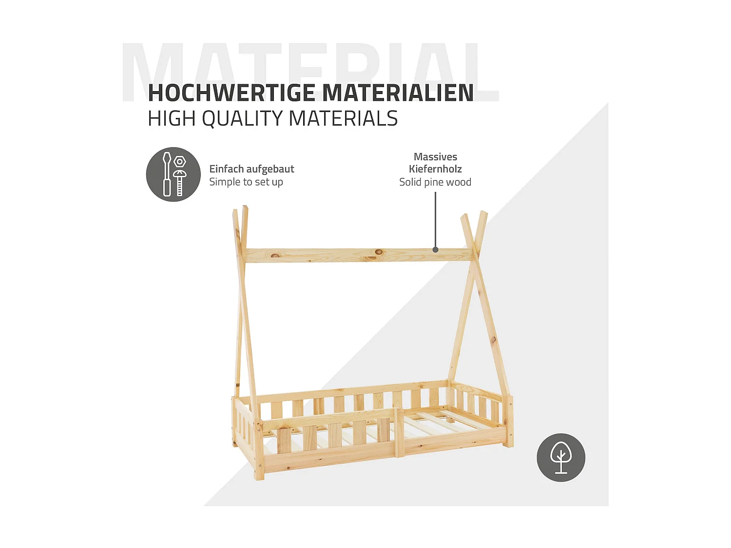 Lit d'enfants Tipi 70x140 cm naturel style indien cadre bois de pin massif avec matelas hypoallergénique housse amovible respirant et sommier à lattes