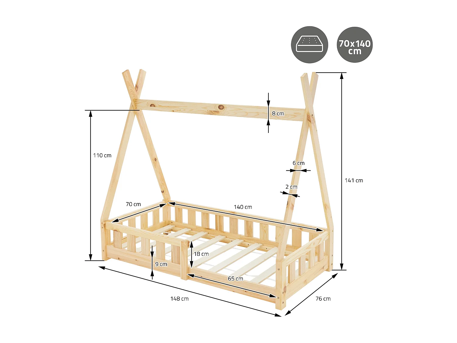 Lit d'enfants Tipi 70x140 cm naturel style indien cadre bois de pin massif avec matelas hypoallergénique housse amovible respirant et sommier à lattes