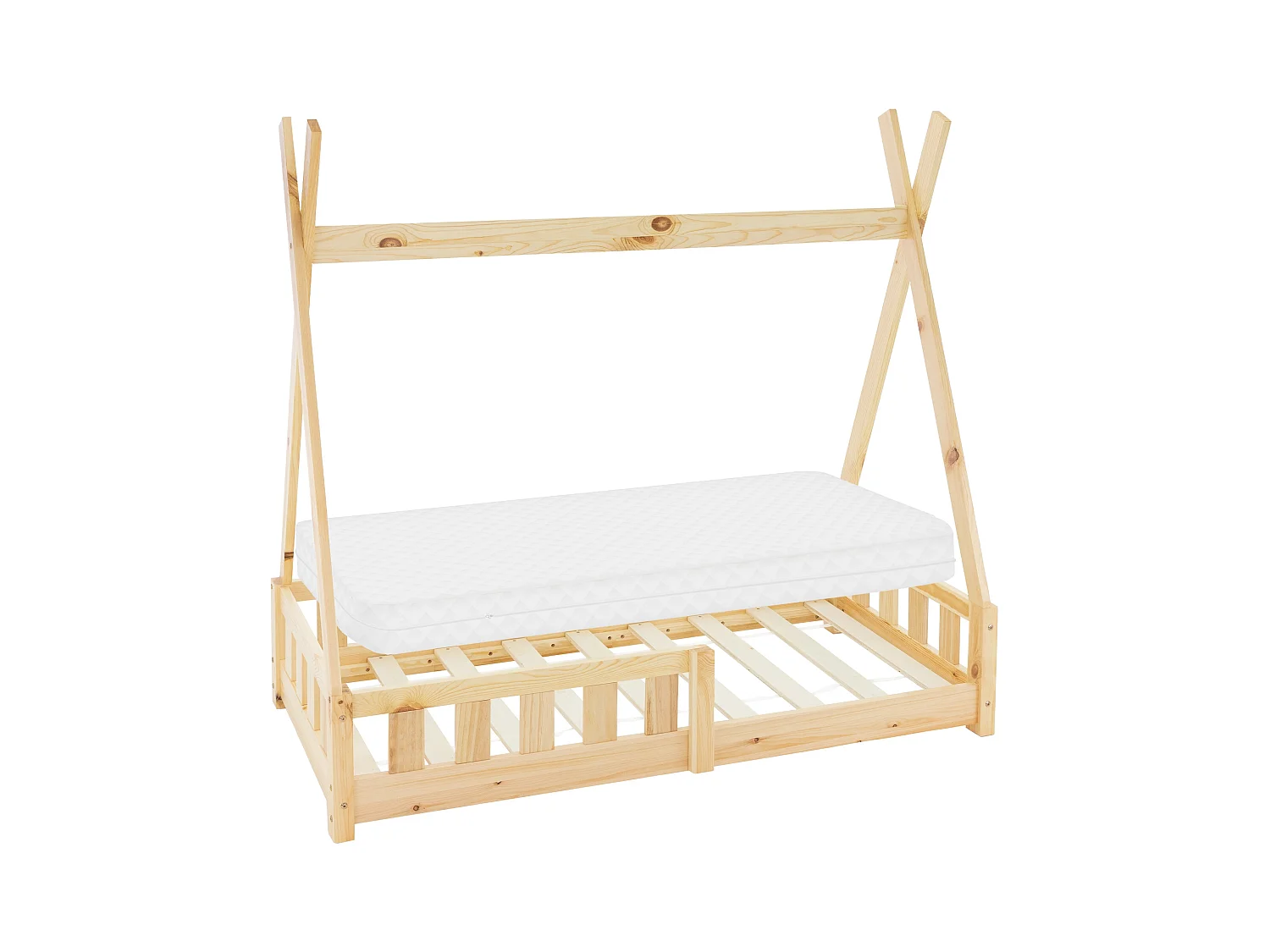 Lit d'enfants Tipi 70x140 cm naturel style indien cadre bois de pin massif avec matelas hypoallergénique housse amovible respirant et sommier à lattes