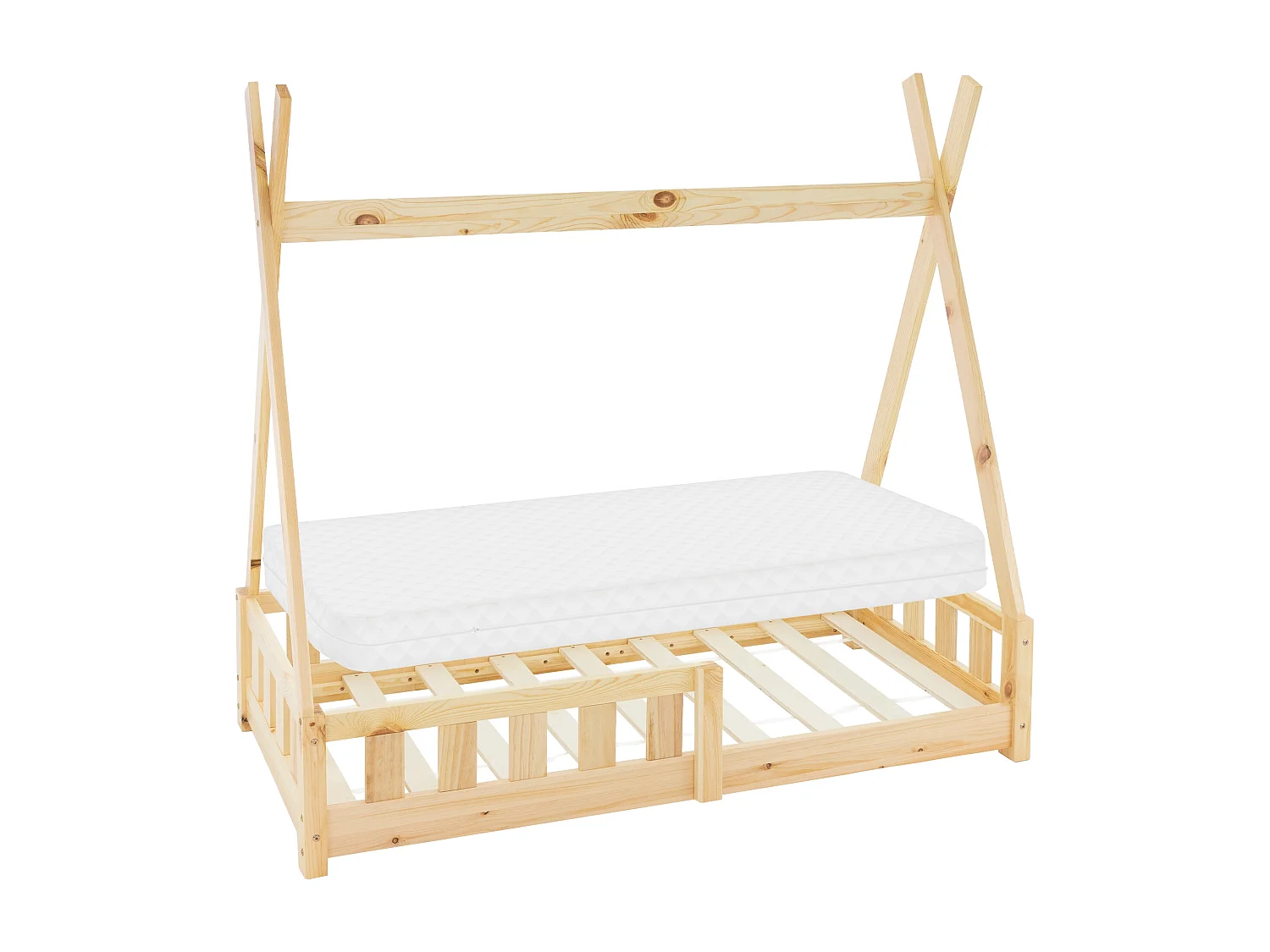 ML-Design Cama infantil tipi 70x140 cm color natural  con colchón de espuma fría y somier estructura de listones con techo forma de tienda