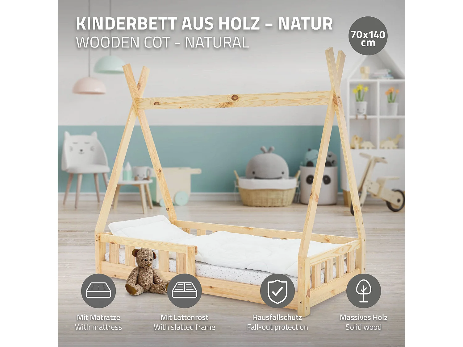 ML-Design Cama infantil tipi 70x140 cm color natural  con colchón de espuma fría y somier estructura de listones con techo forma de tienda