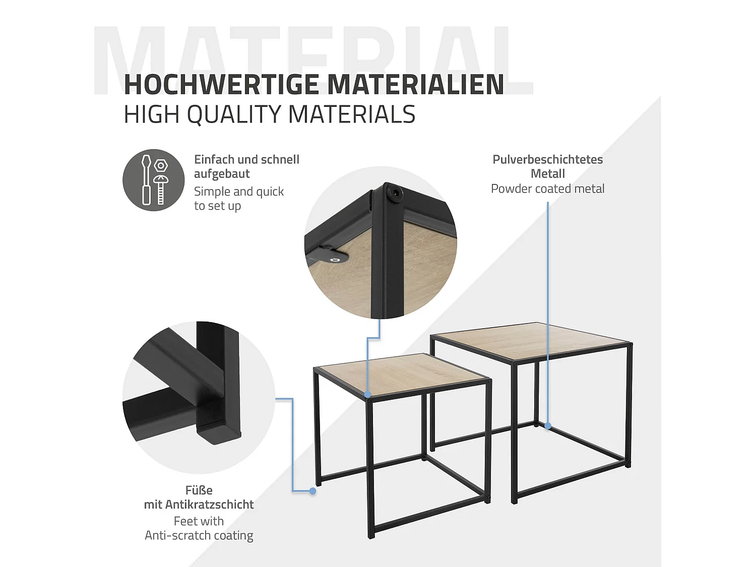 Set de 2 mesas auxiliares de centro cuadradas negras roble 40x40x40cm/50x50x45cm