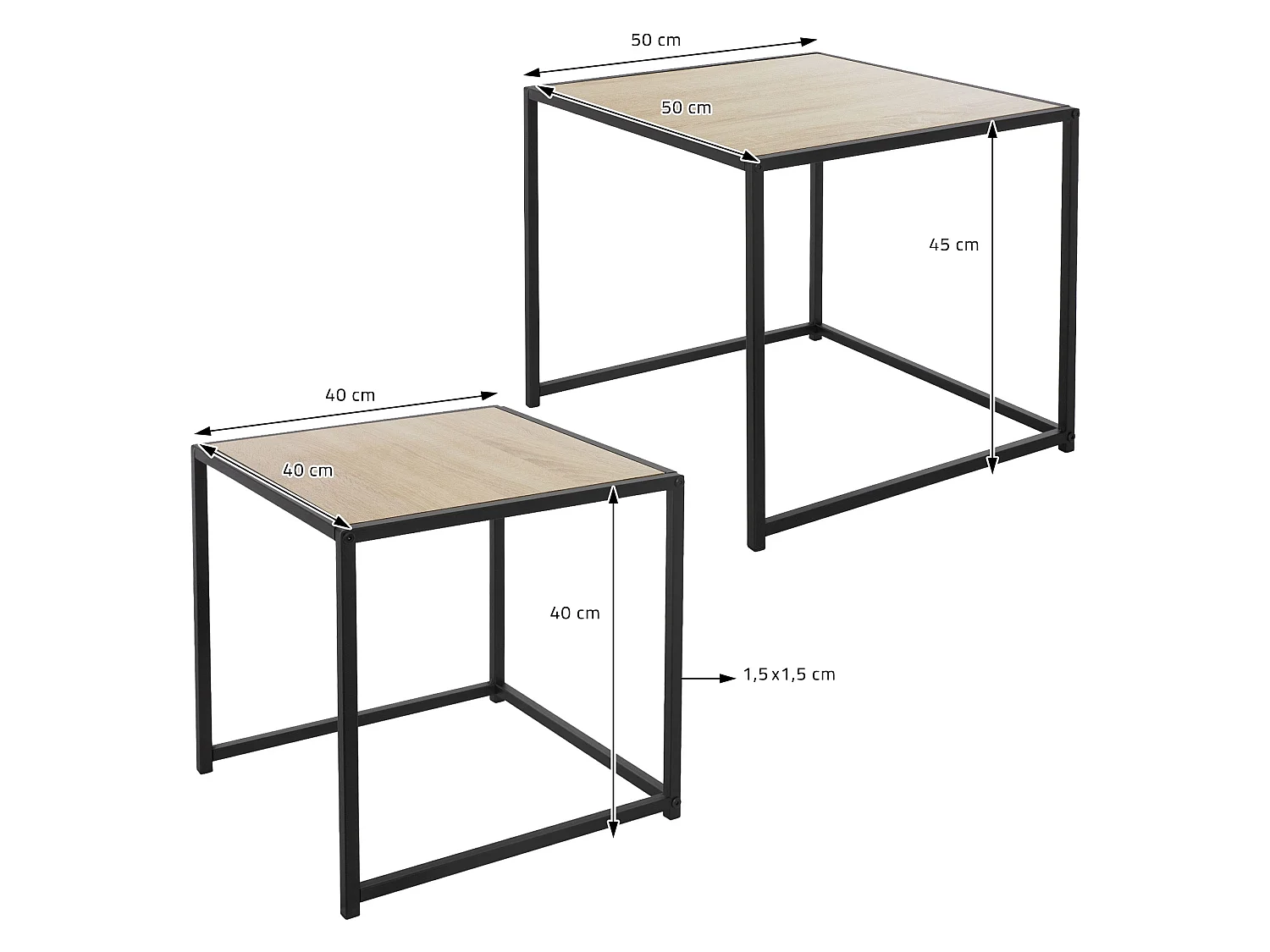 Set de 2 mesas auxiliares de centro cuadradas negras roble 40x40x40cm/50x50x45cm