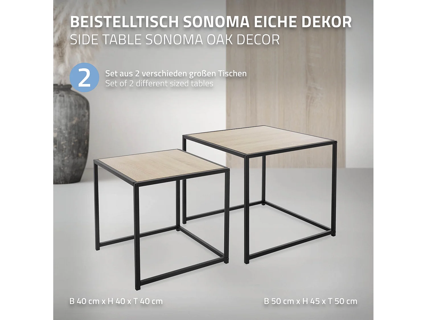 Lot 2x tables d'appoint chêne tables basse carré de salon 50x50x45cm/40x40x40 cm