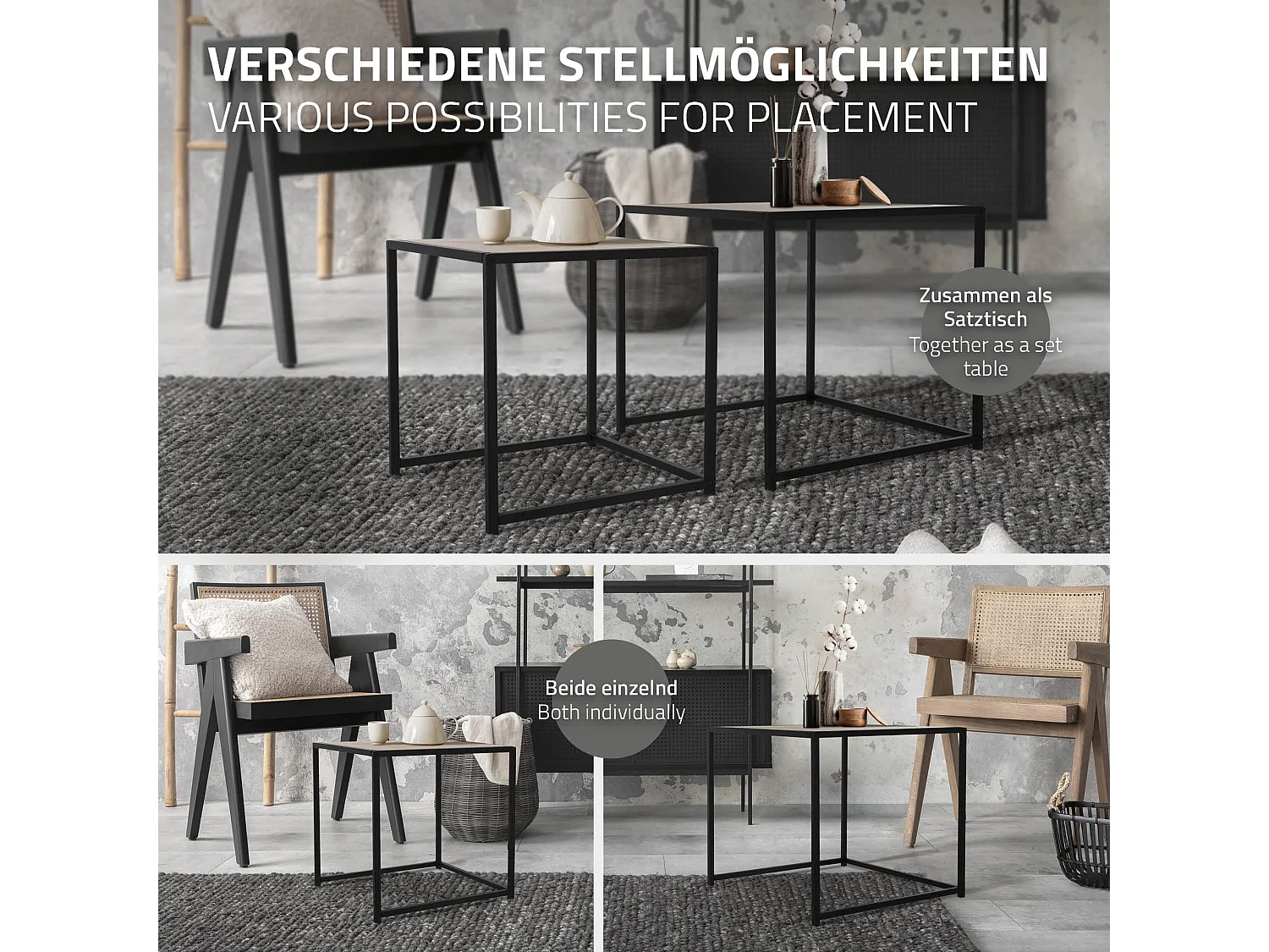 Lot 2x tables d'appoint chêne tables basse carré de salon 50x50x45cm/40x40x40 cm