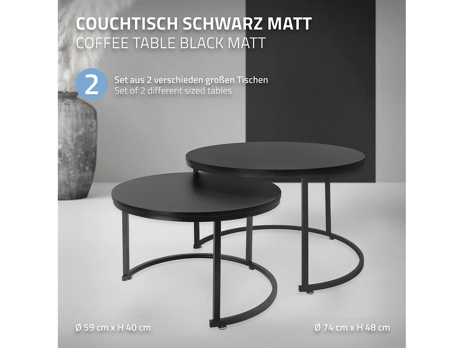 Set di 2 Tavolini da caffè salotto impilabili moderni neri Ø 74x48 / Ø 59x40 cm