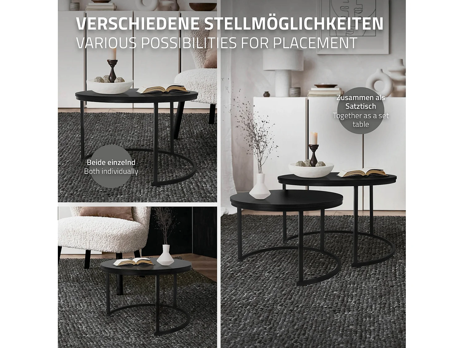 Set di 2 Tavolini da caffè salotto impilabili moderni neri Ø 74x48 / Ø 59x40 cm