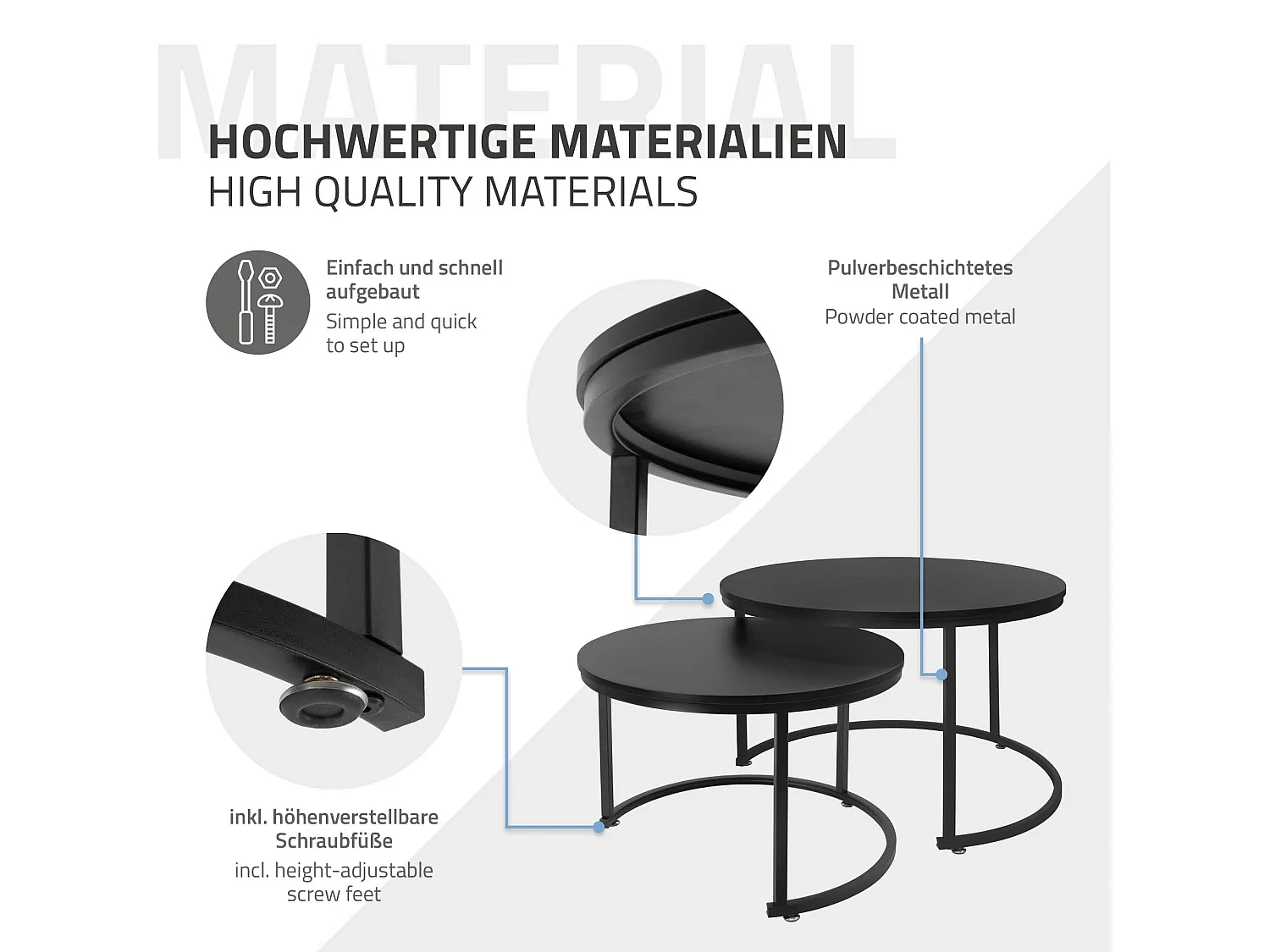 Set di 2 Tavolini da caffè salotto impilabili moderni neri Ø 74x48 / Ø 59x40 cm